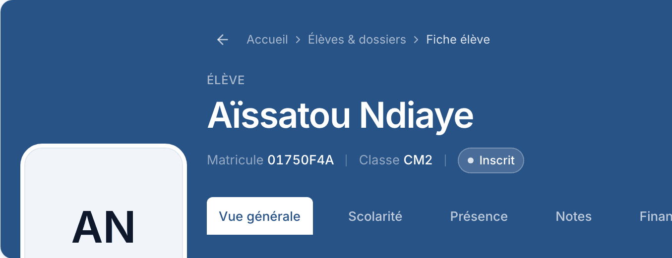 Fiche d'Aïssatou Ndiaye dans EduCom : matricule, classe, statut d'inscription